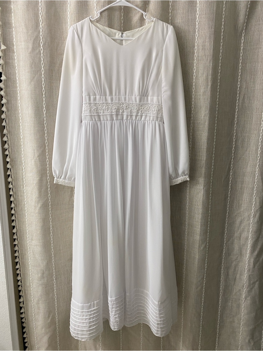 White Long-Sleeve Maxi Dress with Embroidered Waist - LDS Temple Dress